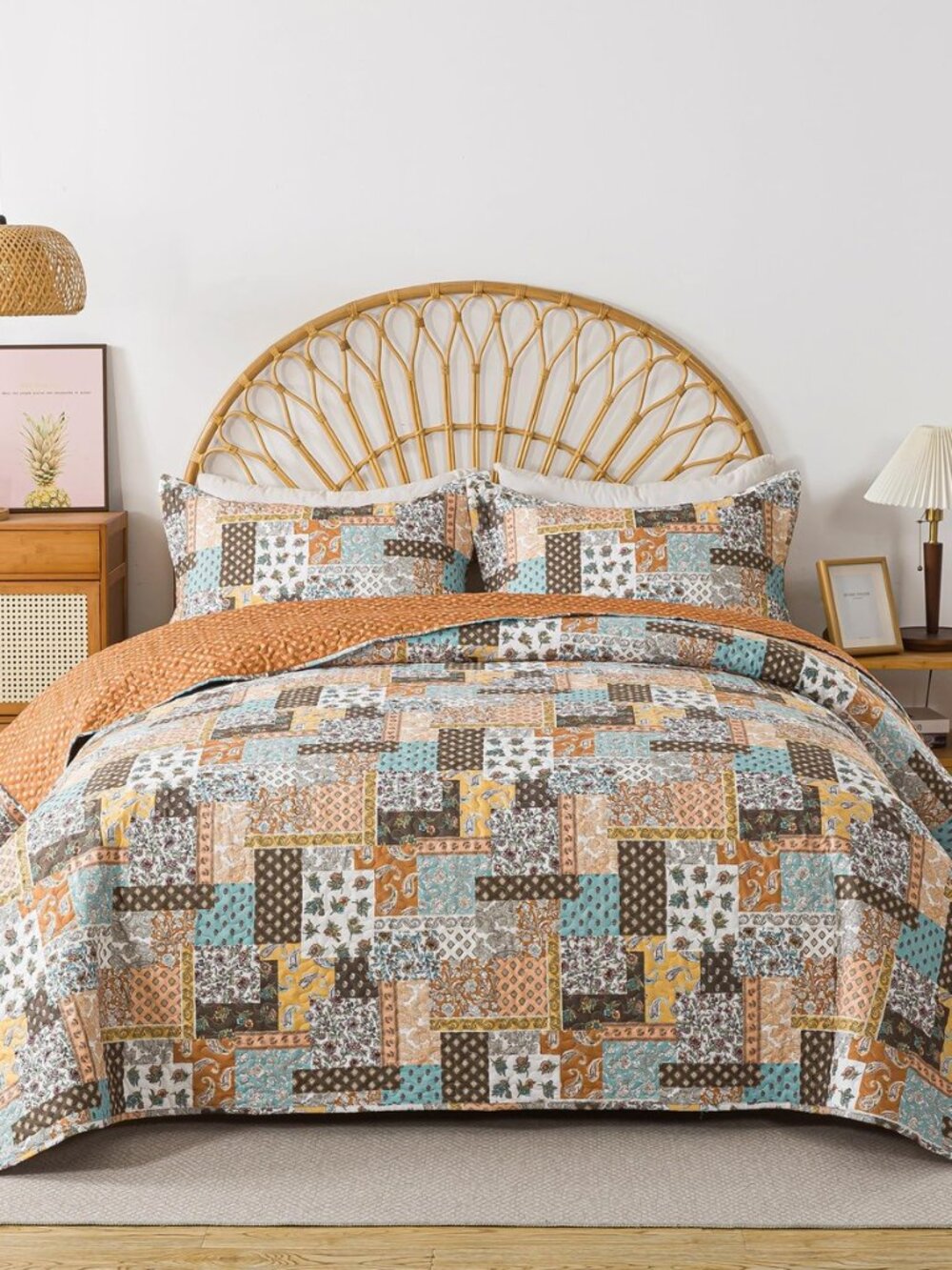 King Size Quilt Set - 3 Piece Microfiber Quilts Reversible Bedspreads Patchwork